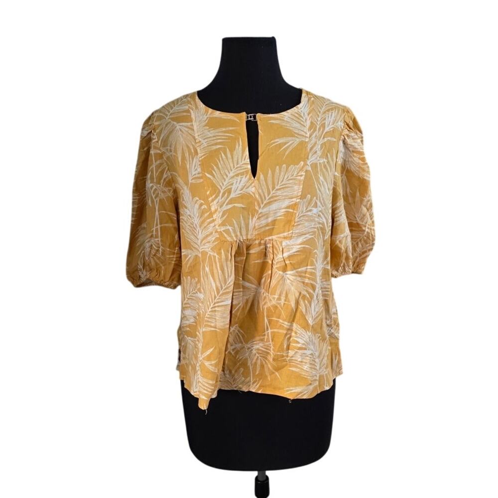 Sigrid Olsen Mustard/White Leaves Linen Blend Short Sleeve Tunic Top - M